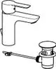 Einhebelmischer mit Zugstangenablaufgarnitur, dargestellt mit Wasserhahn und Ablaufventil, grafisch in Schwarzweiß. Marke HANSA.